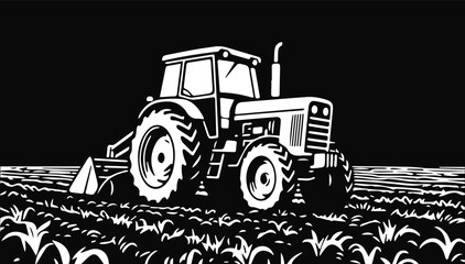 The black and white silhouette of a farm tractor in a field is a rural theme and labor. Great for agricultural projects, packaging and promotional materials. EPS.