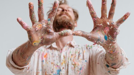 Artist with paint-covered hands showing creativity in studio setting