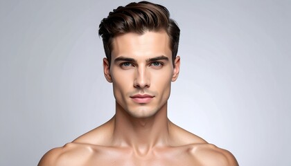 Handsome young man with perfect skin and a confident gaze, showcasing natural beauty and healthy appearance.