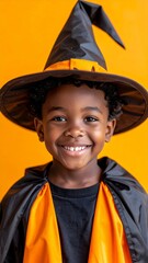 Happy African American boy in witch costume for Halloween.
