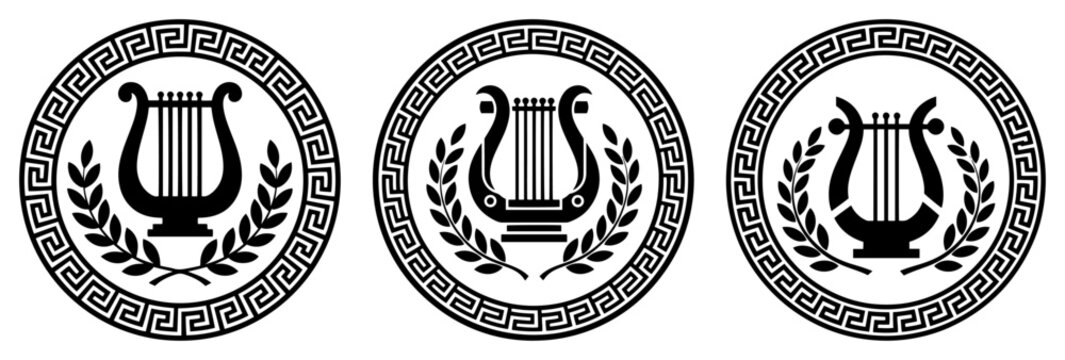 Ancient Greek Lyre Musical Instrument Symbol in Circular Meander Border with Laurel Wreath Vector Emblem Set