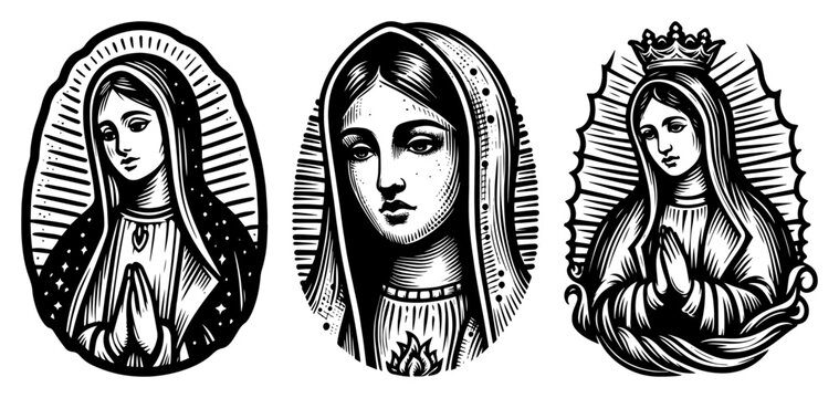 Virgin Mary Woodcut Portraits Set of Catholic Religious Icons in Vintage Engraving Style