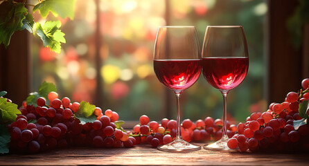 Cozy Atmosphere with Glass of Wine and Grapes in Vineyard with Warm Sunset Light
