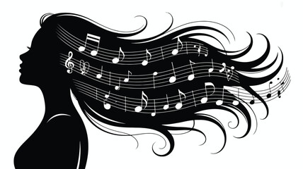Abstract silhouette of woman's head with long flowing hair transforming into musical notes and staves on clean white background representing inner music and creative expression