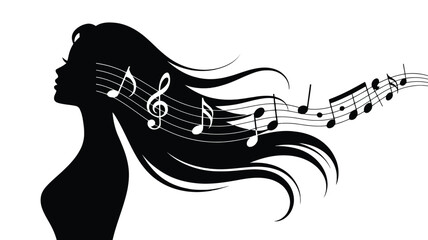 Silhouette of woman head with musical notes and clefs flowing in her hair representing music inspiration creativity and artistic expression vector illustration