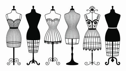 Set of six female dress forms and wire mannequins for fashion design tailoring and garment display collection of different styles vector illustration