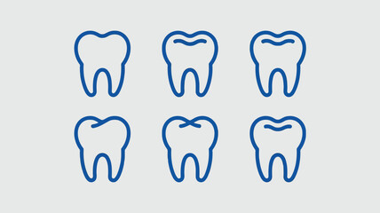 Six blue line art teeth icons with varying degrees of dental fillings on white background, illustrating different levels of dental care and oral health concepts