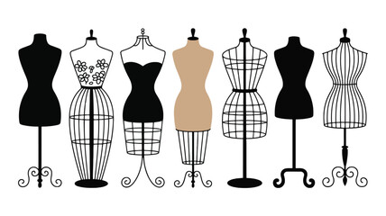 Set of seven female dress forms and wire mannequins with various shapes and details for fashion design and clothing presentation vector illustration