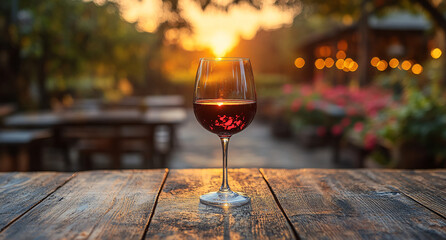  Vineyard Scene with Glass of Red Wine, Grapes, and Soft Evening Light
