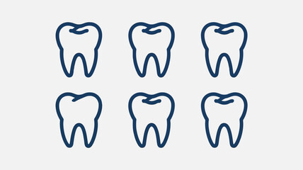 Six stylized human molar teeth icons arranged in two rows on light grey background depicting dental health and hygiene concepts with clean simplified design