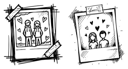 Hand Drawn Instant Photo Frames with Couples Vector Sketch of Romantic Polaroid Style Pictures Taped on Wall
