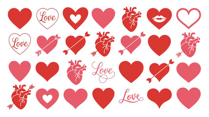 Various red and pink hearts love icons with arrows anatomical hearts and word love vector set isolated on white background for valentine's day