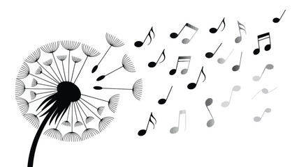 Abstract dandelion dispersing musical notes into breeze vector illustration isolated on white background representing freedom music and nature