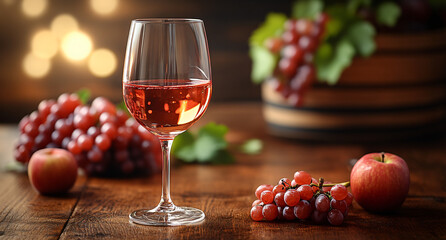  Rustic Table with Glass of Wine and Bunches of Grapes in Autumn Harvest Scene