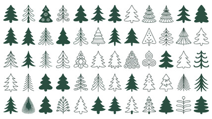 Extensive collection of christmas tree doodles and stylized drawings, various holiday season conifer shapes in green and white, outline and solid fill, isolated vector icons on white background
