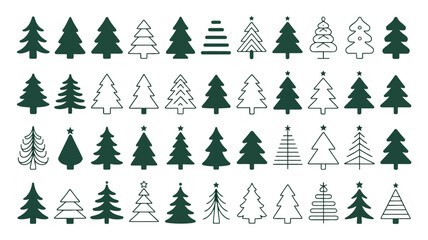 Set of christmas trees collection isolated on white background pine tree silhouettes in different styles and shapes with star icon set of various modern christmas trees new year eve celebration sign