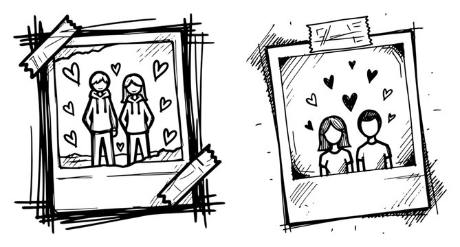 Hand Drawn Instant Photo Frames with Couples Vector Sketch of Romantic Polaroid Style Pictures Taped on Wall