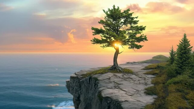 Solitary Tree at Sunset: A lone tree stands defiantly on the edge of a cliff, its silhouette outlined against a vibrant sunset sky that blends into a vast expanse of ocean.