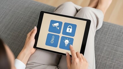 Woman using tablet to control smart home features, including security and lighting
