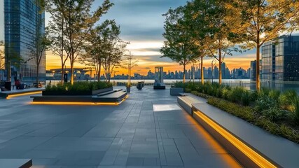 Skyline Plaza at Sunset: A modern cityscape transforms into a serene plaza, trees, and glowing lights, offering a breathtaking view of the horizon.  A perfect blend of urban and nature
