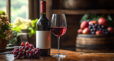Glass of Wine with Red Reflections and Rustic Composition of Fresh Grapes in Vineyard