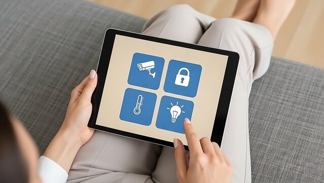 Woman using tablet to control smart home features, including security and lighting - Powered by Adobe