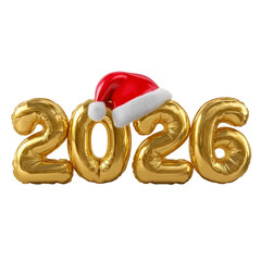 Golden 2026 Balloons with Santa Hat isolated on a transparent background 1