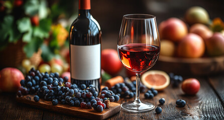 Close-up of Wine Glass and Red Grapes with Golden Light and Vineyard Bokeh in Background