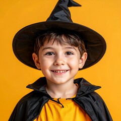 Happy young boy in witch costume ready for Halloween fun.