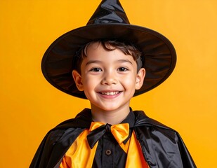Happy young boy in witch costume smiling at camera on orange background.