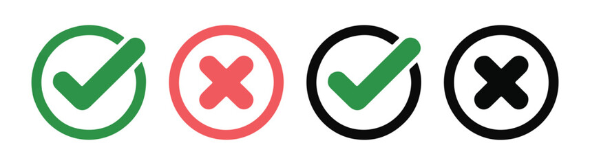 Check mark and cross icons set. Green and red Yes/No symbols.