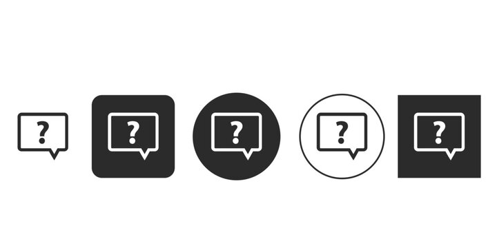 Black and white question mark speech bubble icon set | Customer support and FAQ help desk web symbol vector | User interface design element for query assistance | Flat design question bubble icons