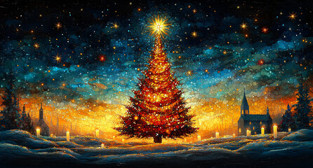  Mosaic Illustration of Christmas with Church Silhouette and Starry Sky