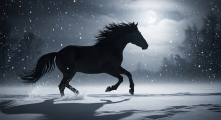 Majestic black horse gallops across a snowy field under the moonlight