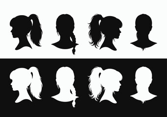 Collection of female profile Vector silhouettes with varying hairstyles in black and white