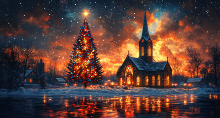 Stained Glass Composition of Christmas Tree, Guiding Star, and Snow Reflection