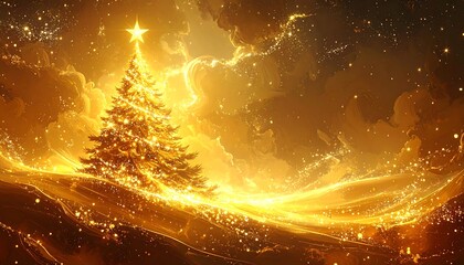 Gleaming Christmas tree with star glows on golden horizon, sparkling trail winding into a cloudy night sky