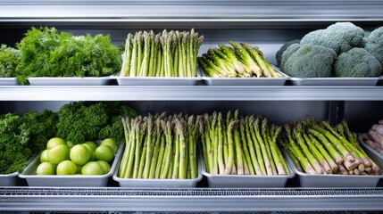 Fresh green vegetables including asparagus, broccoli, and parsley neatly arranged on shelves in a modern grocery store, showcasing vibrant colors and healthy food options