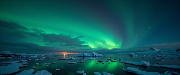 Vibrant green aurora borealis over icy lagoon with icebergs at night sky