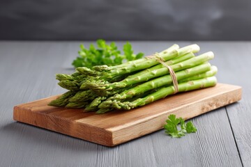Fresh green asparagus tied with twine rests on a wooden cutting board, surrounded by vibrant herbs, showcasing healthy cooking ingredients and natural textures