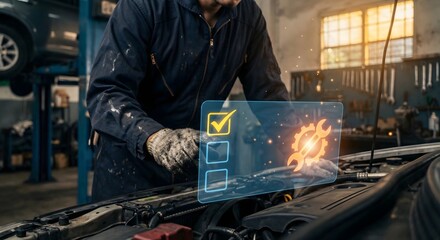 Automotive technician inspecting engine with digital checklist and repair interface overlay, modern auto service.