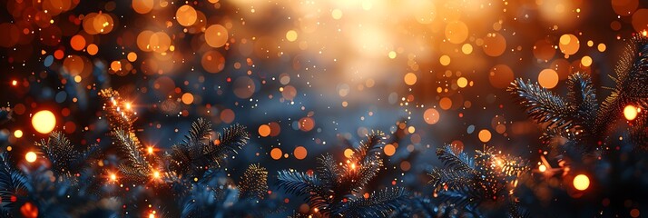 Panoramic Christmas Tree Branches with Warm Bokeh Lights
