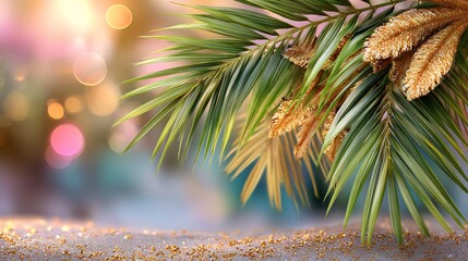 Happy New Year greeting card palm leaves beach sunset golden sunlight soft bokeh reflections tropical festive vibe clean blank space for personalized greetings high resolution vibrant holiday design