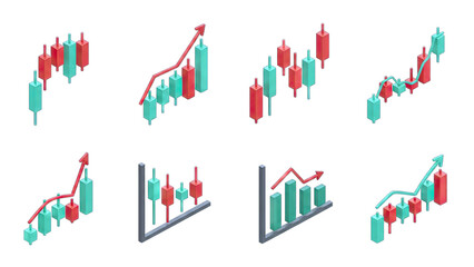 Isometric Candlestick Charts Showing Growth and Decline