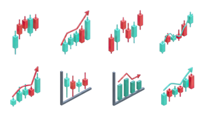 Isometric Candlestick Charts Showing Growth and Decline