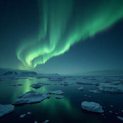Naklejka premium Vibrant green aurora borealis over icy arctic waters and icebergs under dark night sky