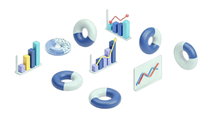 Isometric Charts and Lifebuoys Illustrating Business Growth and Analysis