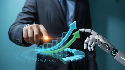Ai driven business growth and collaboration: human and robot working together on data analysis and strategy for increased profits and future innovations in technology industry.