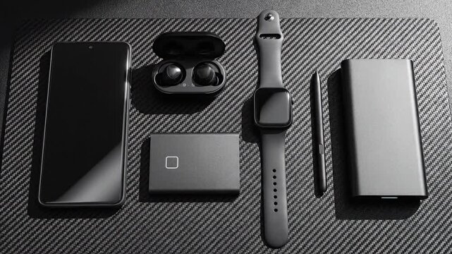Modern Black Tech Gadgets Still Life on Desk