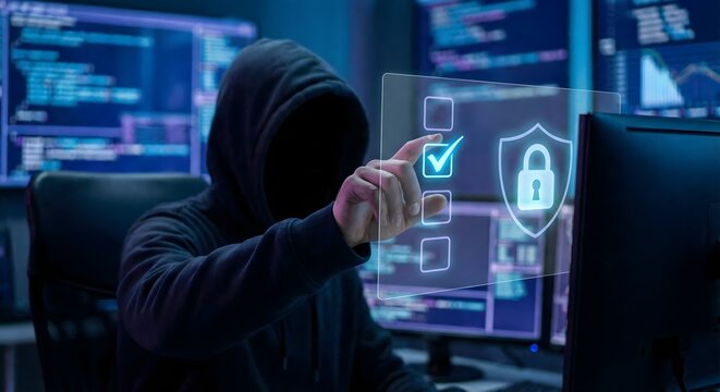 Anonymous hacker accepting terms and conditions, cybersecurity concept with glowing digital interface.